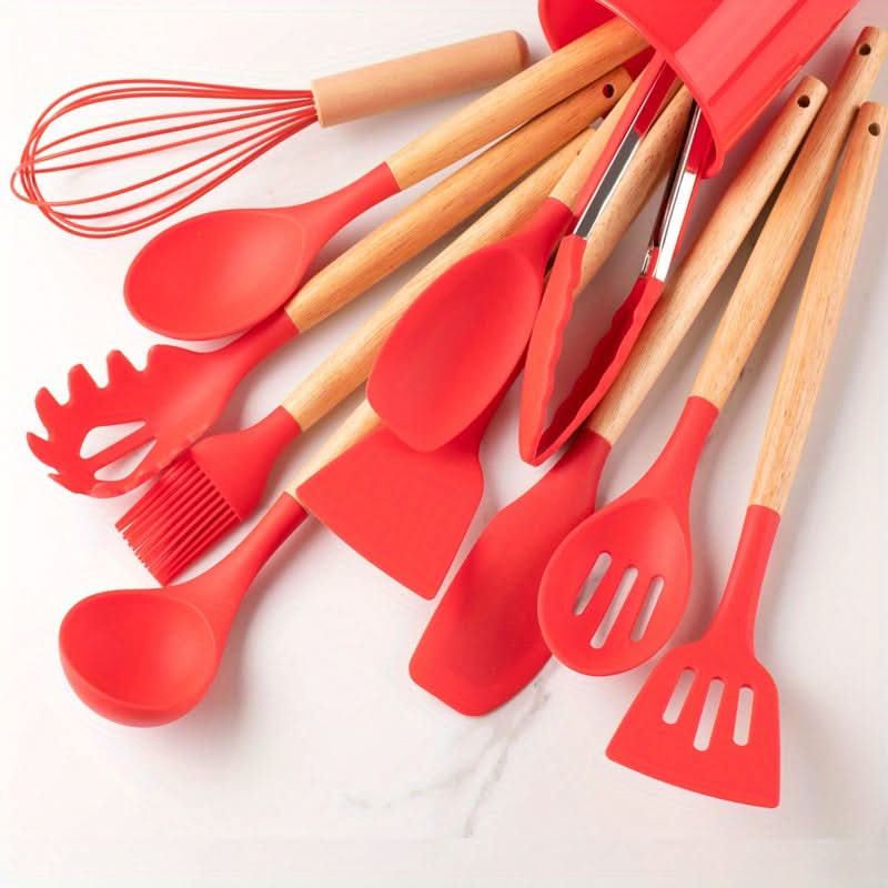 12-Piece Silicone Kitchen Utensil Set with Wooden Handles – Heat Resistant to 446°F, Dishwasher Safe, BPA-Free Cooking Tools | Thomler