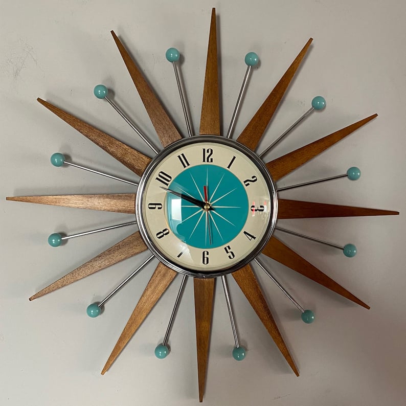 Handcrafted Sunburst Wall Clock Mid-Century Modern Design 16 Inch Silent Battery Operated Decorative Timepiece for Living Room Bedroom | Thomler
