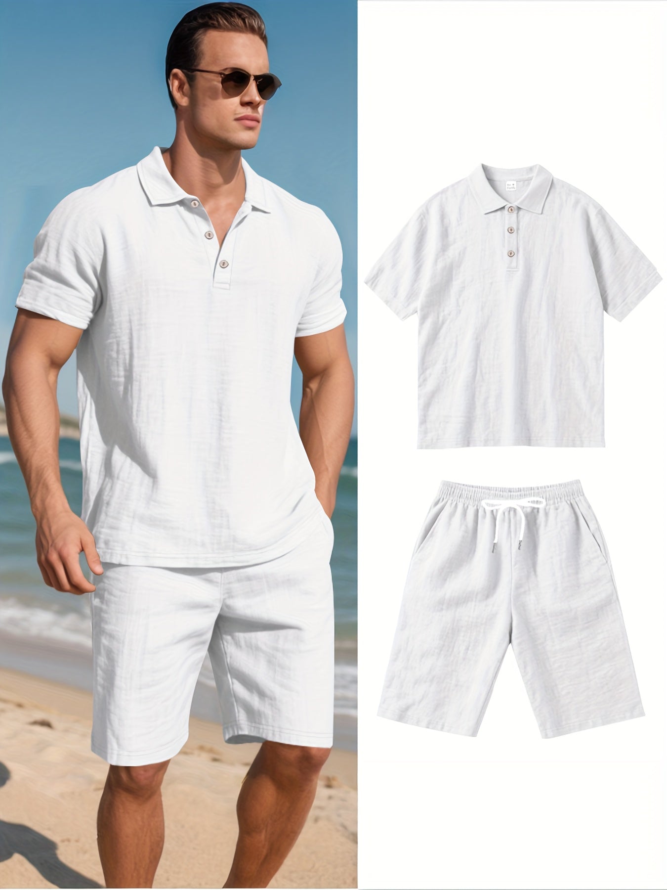 Men's Short-Sleeve Polo & Shorts Linen Set Summer Two-Piece Outfit Lightweight Breathable Casual Wear for Warm Weather | Thomler