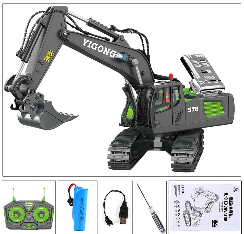 Remote Control Excavator Toy 1:20 Scale with Hydraulic System | 18-Channel Radio Control | Metal Construction Parts | Rechargeable Battery | Thomler