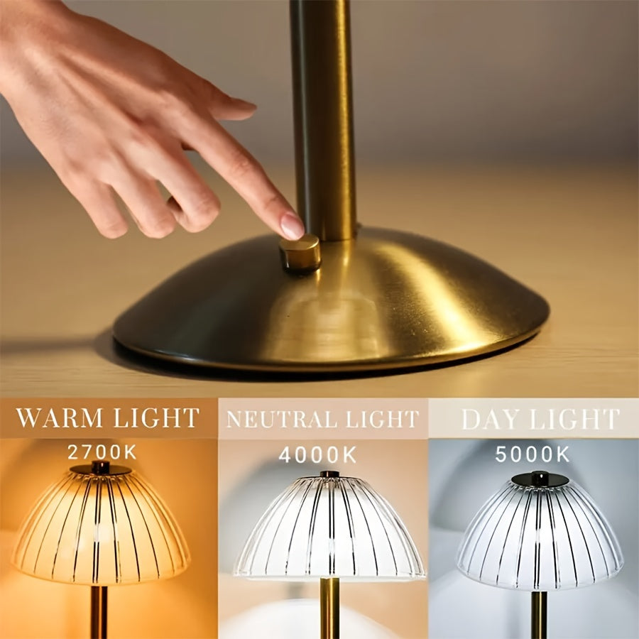 Rechargeable Touch LED Accent Lamp with Ribbed Glass Shade – Cordless Bedside Light for Nightstand, Dining Table, Restaurant – 3 Color | Thomler