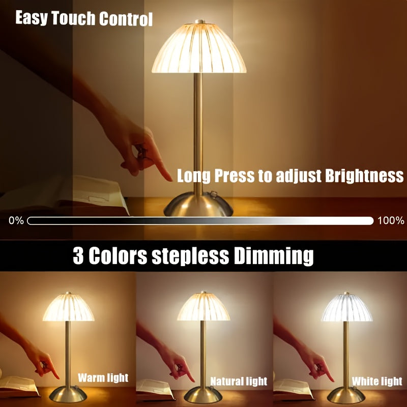 Rechargeable Touch LED Accent Lamp with Ribbed Glass Shade – Cordless Bedside Light for Nightstand, Dining Table, Restaurant – 3 Color | Thomler