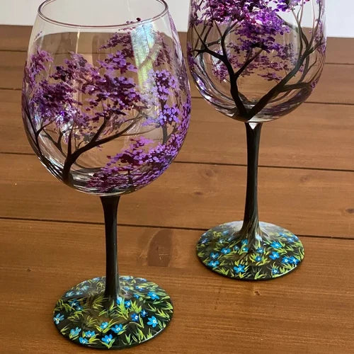 Hand-Painted Seasonal Tree Wine Glasses – Artisan Stemware with Four Seasons Design for Home & Gift | Thomler