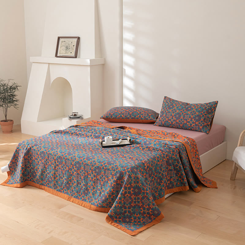 Six-Layer Cotton Quilt Reversible Lightweight Blanket Orange Blue Geometric Pattern for Year-Round Comfort Bedroom Guest Room | Thomler