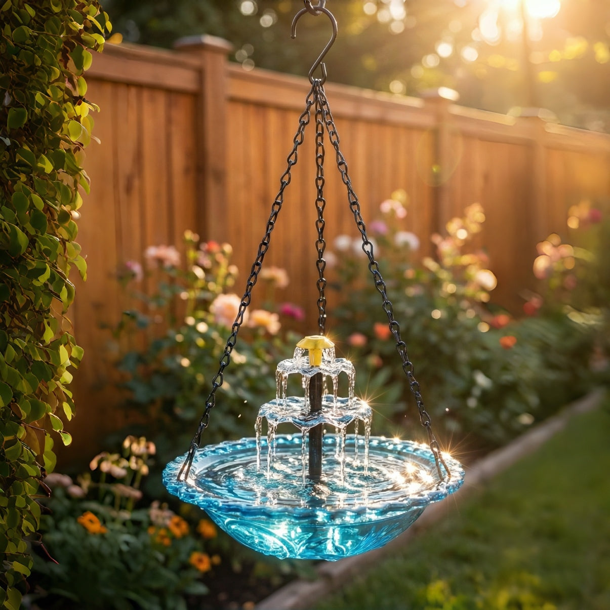 Solar-Springbrunnen mit Vogeltränke – kabellos, zweistufig, hängend