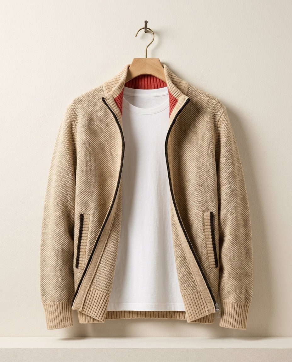 Men's Ribbed Knit Jacket with Plaid Fleece Interior – Layering Staple for Cool Weather | Thomler