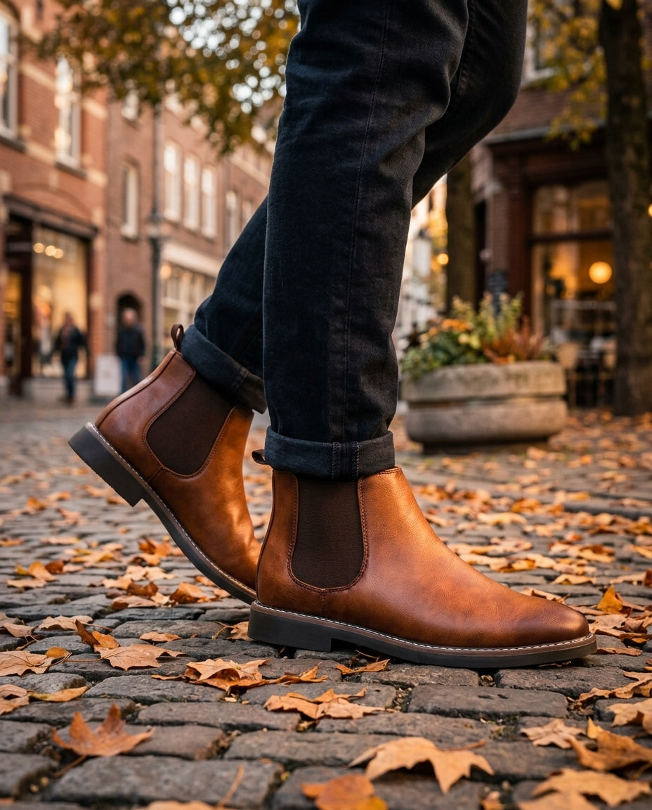 Men's Pull-On Ankle Boots with Elastic Gussets – Vegan Leather Chelsea Style for Work & Weekend | Thomler