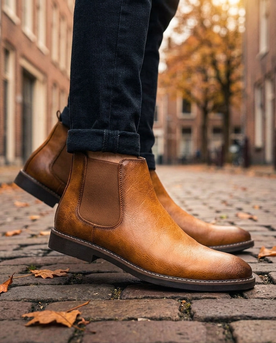 Men's Pull-On Ankle Boots with Elastic Gussets – Vegan Leather Chelsea Style for Work & Weekend | Thomler