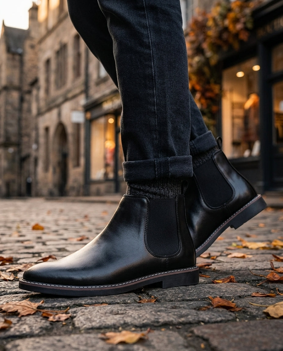 Men's Pull-On Ankle Boots with Elastic Gussets – Vegan Leather Chelsea Style for Work & Weekend | Thomler