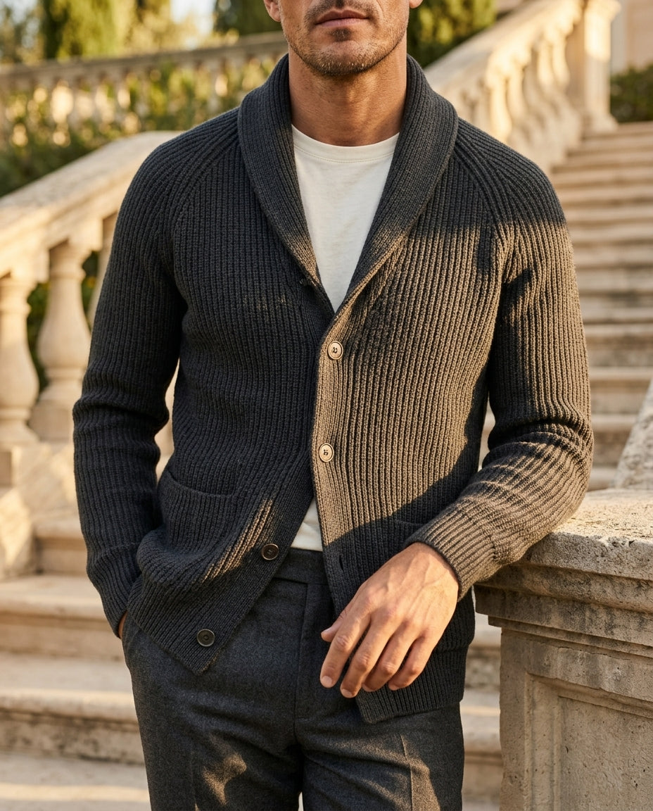 Men's Chunky Knit Button Cardigan Sweater with Collar and Pockets | Thomler