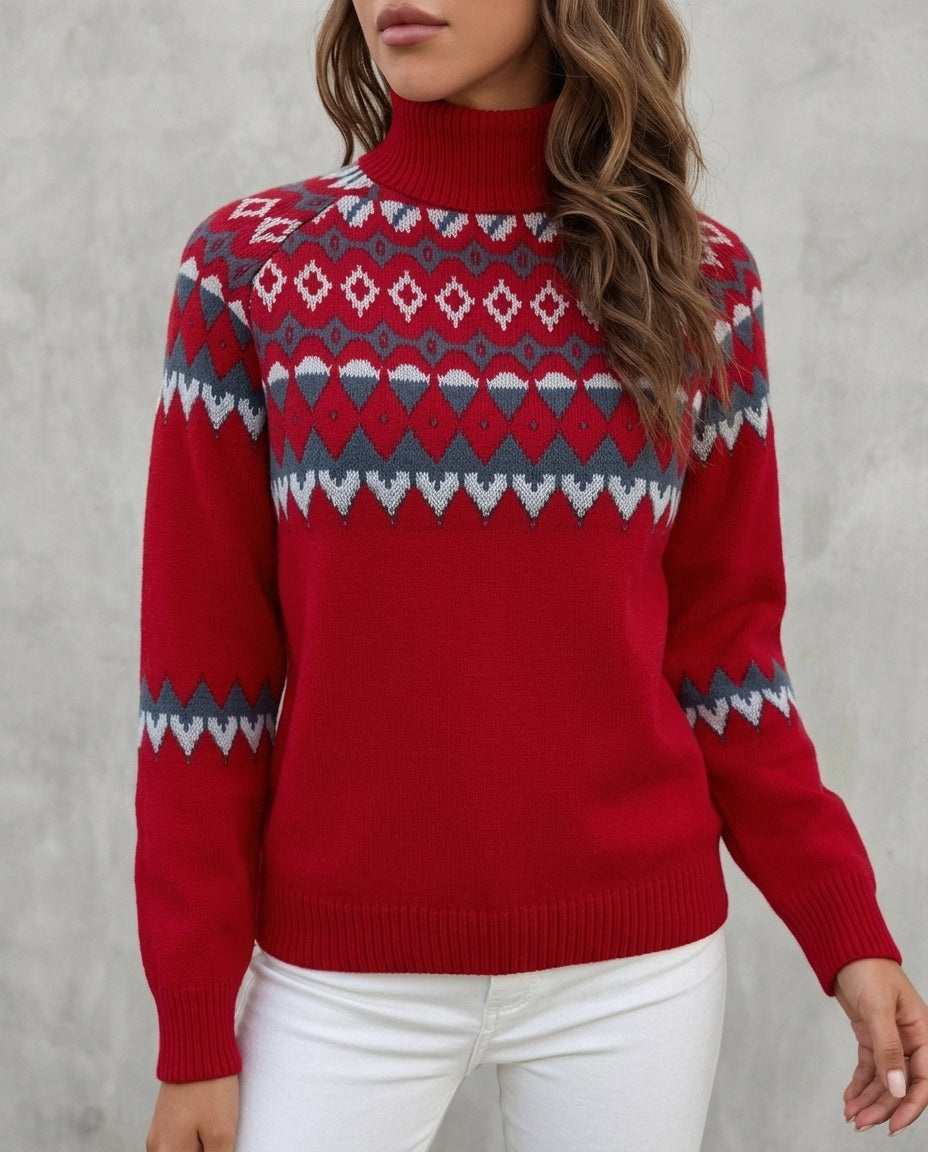 Nordic Print High-Neck Pullover for Women – Long-Sleeve Snowflake Design Holiday Knit | Thomler