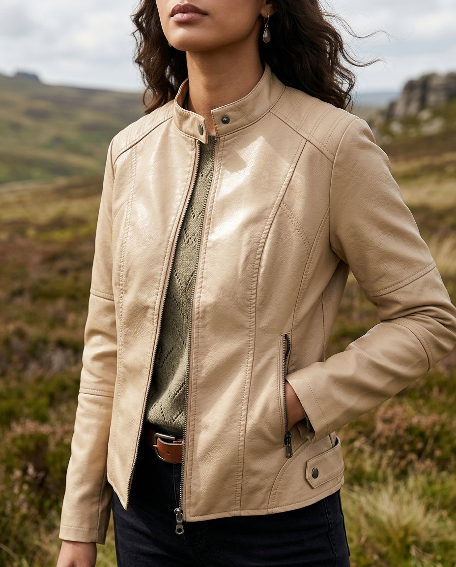Women's Short Biker-Style Jacket in Vegan Leather with Mock Collar & Hip Zippers for Office, Weekend & Everyday Layering | Thomler