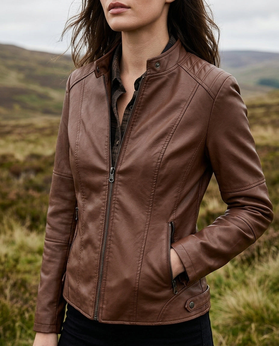 Women's Short Biker-Style Jacket in Vegan Leather with Mock Collar & Hip Zippers for Office, Weekend & Everyday Layering | Thomler