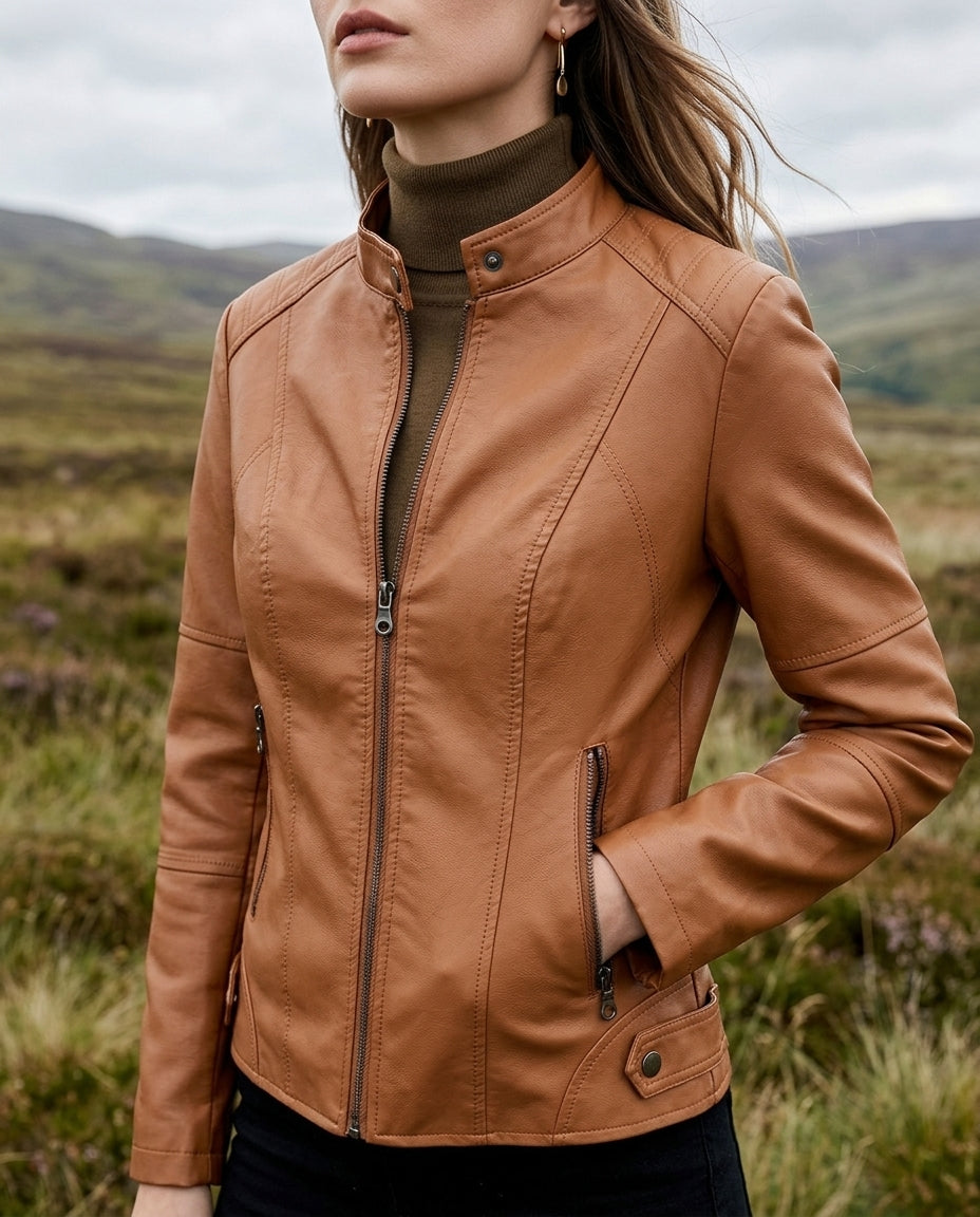 Women's Short Biker-Style Jacket in Vegan Leather with Mock Collar & Hip Zippers for Office, Weekend & Everyday Layering | Thomler