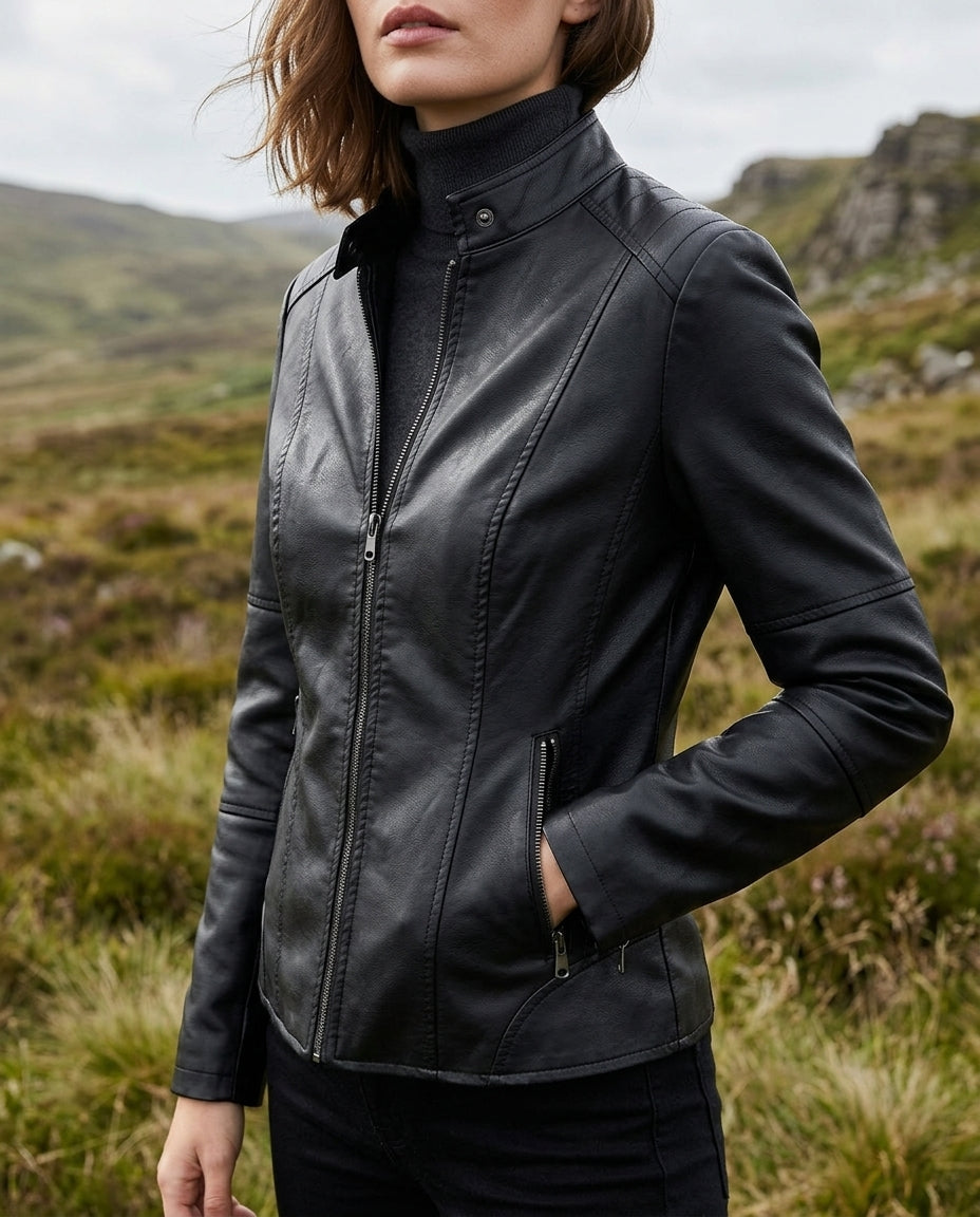 Women's Short Biker-Style Jacket in Vegan Leather with Mock Collar & Hip Zippers for Office, Weekend & Everyday Layering | Thomler