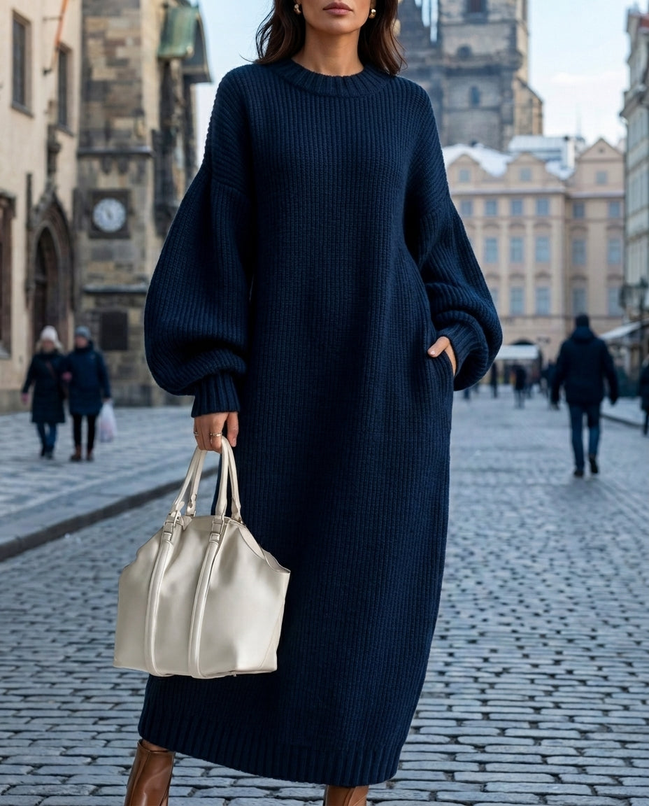 Full-Length Ribbed Knit Sweater Dress for Women – Relaxed Balloon Sleeve Lounge Dress | Thomler