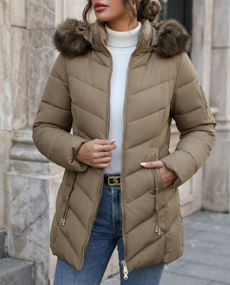 Women's Insulated Hooded Winter Jacket with Detachable Fur Trim & Adjustable Waist Tie | Thomler