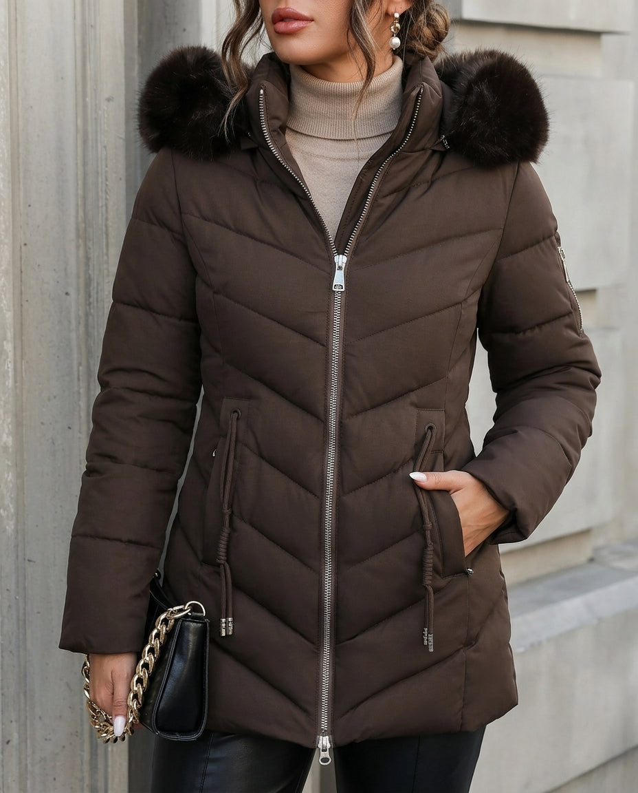 Women's Insulated Hooded Winter Jacket with Detachable Fur Trim & Adjustable Waist Tie | Thomler