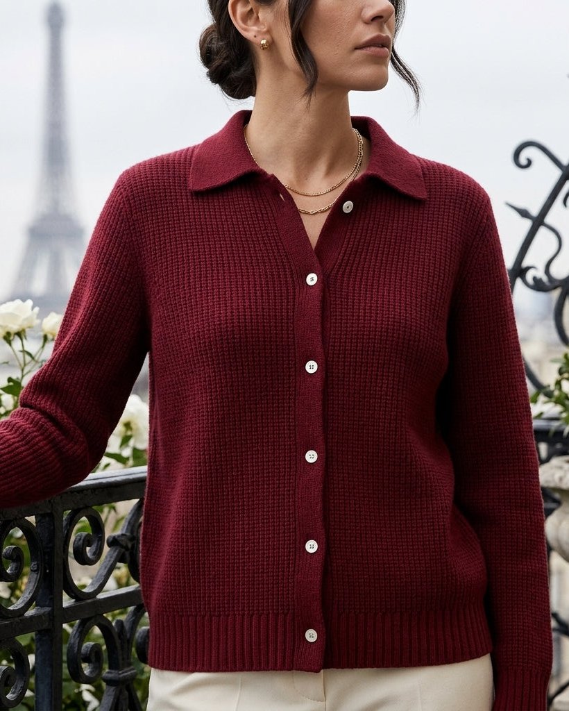 Women's Collared Cardigan with Ribbed Texture & Full-Button Front – Loose-Fit Long-Sleeve Knit Top for Office, Casual Wear, Layering | Thomler