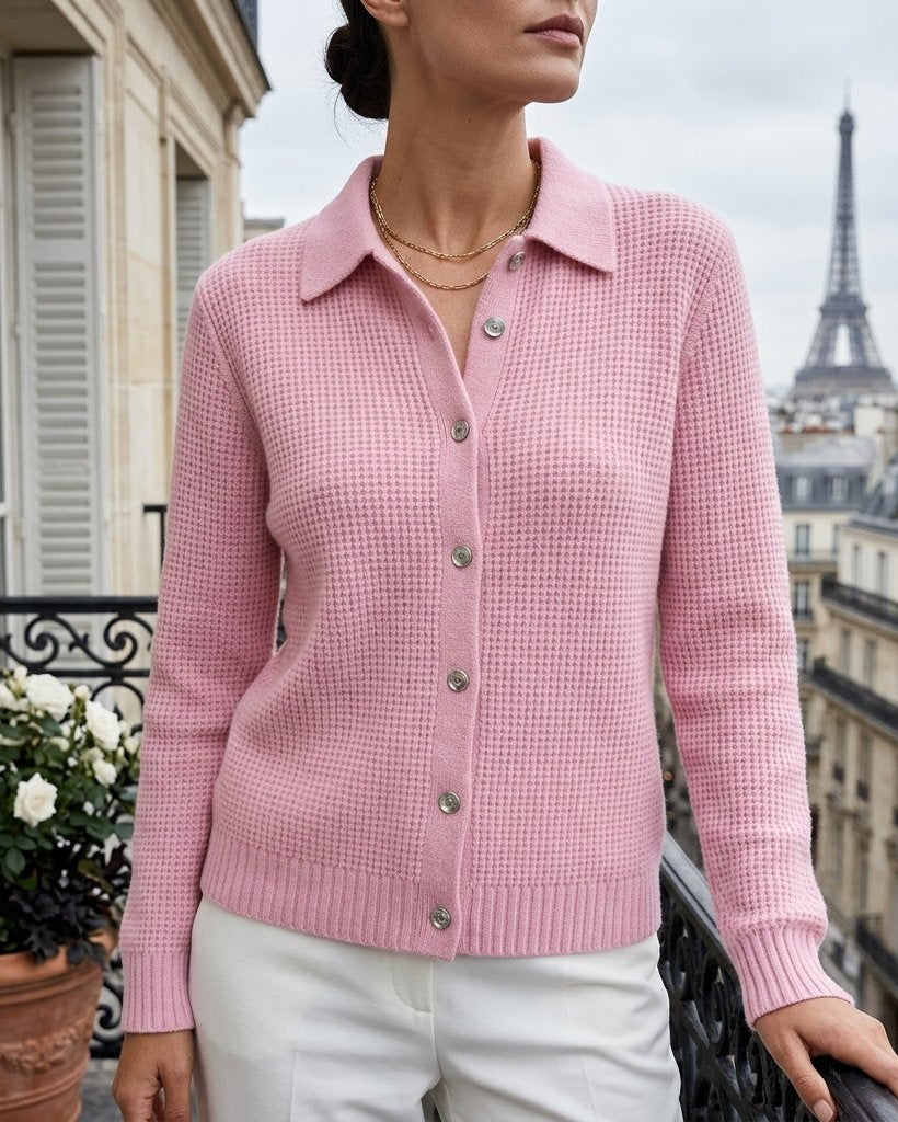Women's Collared Cardigan with Ribbed Texture & Full-Button Front – Loose-Fit Long-Sleeve Knit Top for Office, Casual Wear, Layering | Thomler