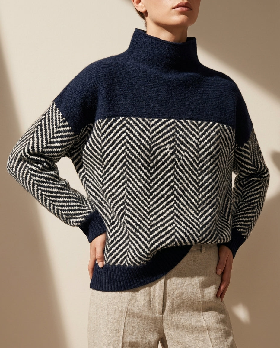 Women's Two-Tone Mock Turtleneck Pullover with Diagonal Knit Pattern – Relaxed Fit Wool Blend Sweater for Fall & Winter | Thomler