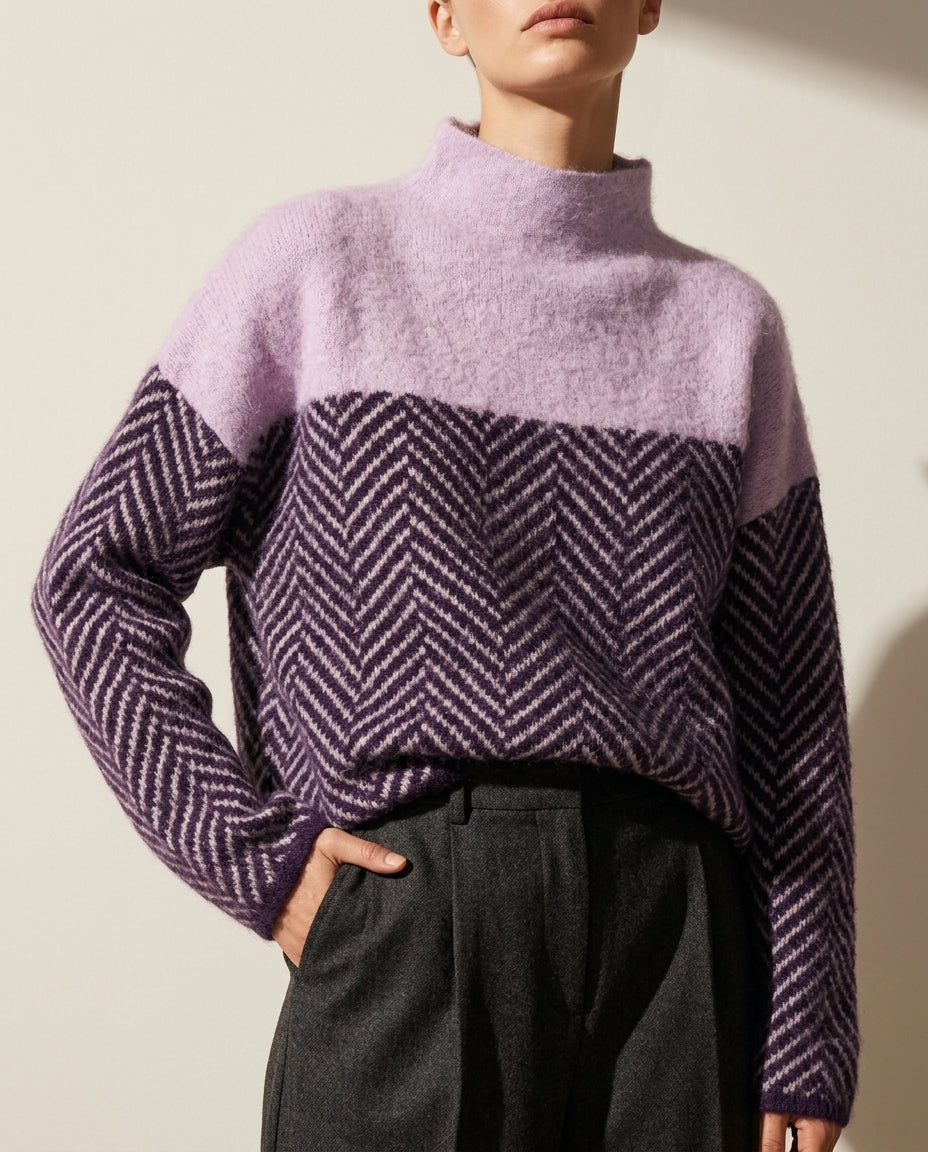 Women's Two-Tone Mock Turtleneck Pullover with Diagonal Knit Pattern – Relaxed Fit Wool Blend Sweater for Fall & Winter | Thomler