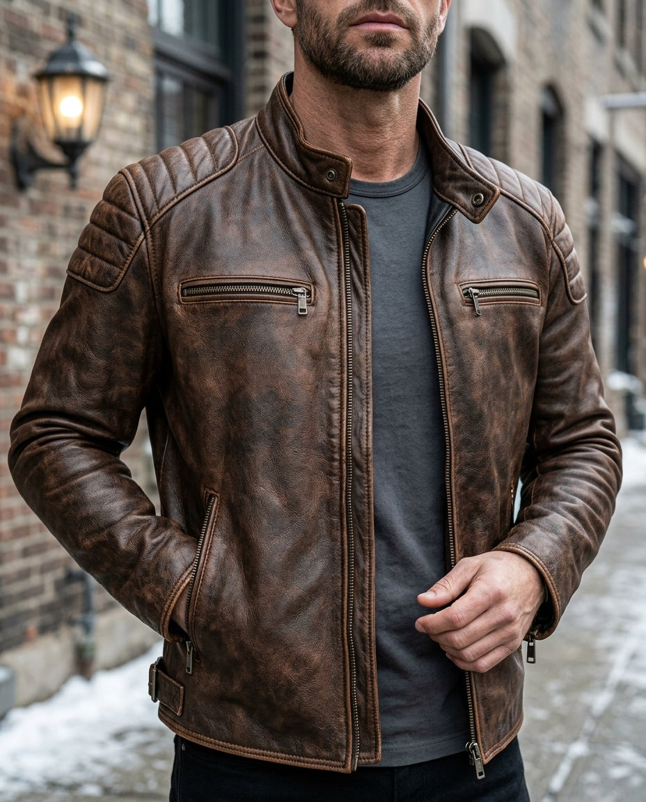 Men's Full-Zip Distressed Leather Biker Jacket with Quilted Shoulders & Four Pockets – Classic Moto Style for Everyday Wear | Thomler