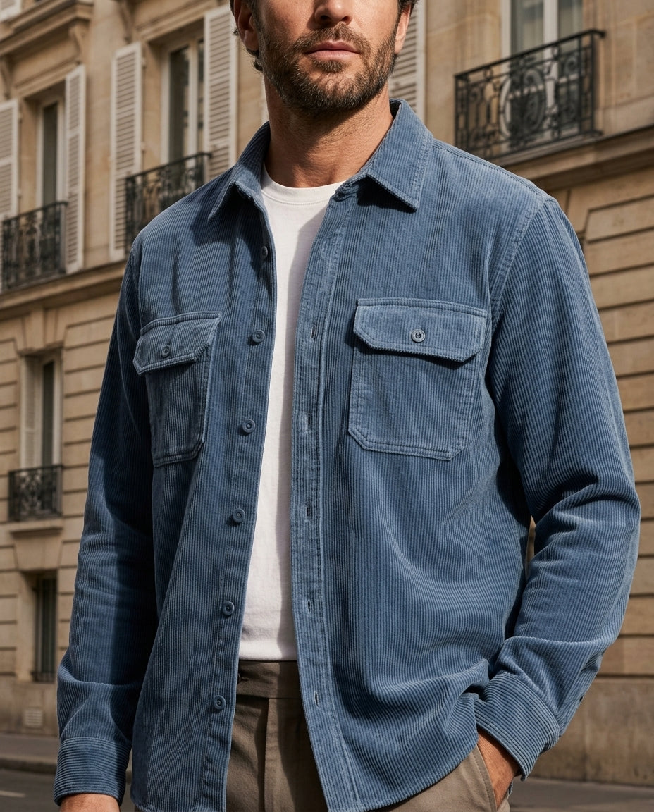 Men's Ribbed Cotton Shirt Jacket with Chest Pockets – Button-Front Layering Top for Casual & Work Wear | Thomler