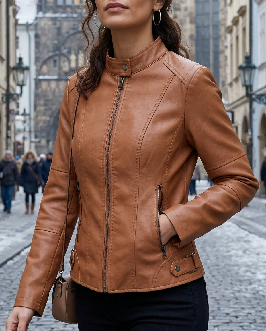 Women's Fitted Cropped Motorcycle Jacket in Genuine Leather with Zip Pockets and Adjustable Side Straps – Sleek Biker Style for Evening | Thomler