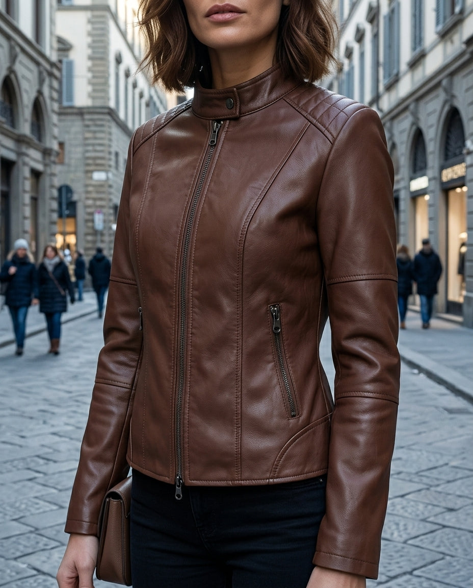 Women's Fitted Cropped Motorcycle Jacket in Genuine Leather with Zip Pockets and Adjustable Side Straps – Sleek Biker Style for Evening | Thomler