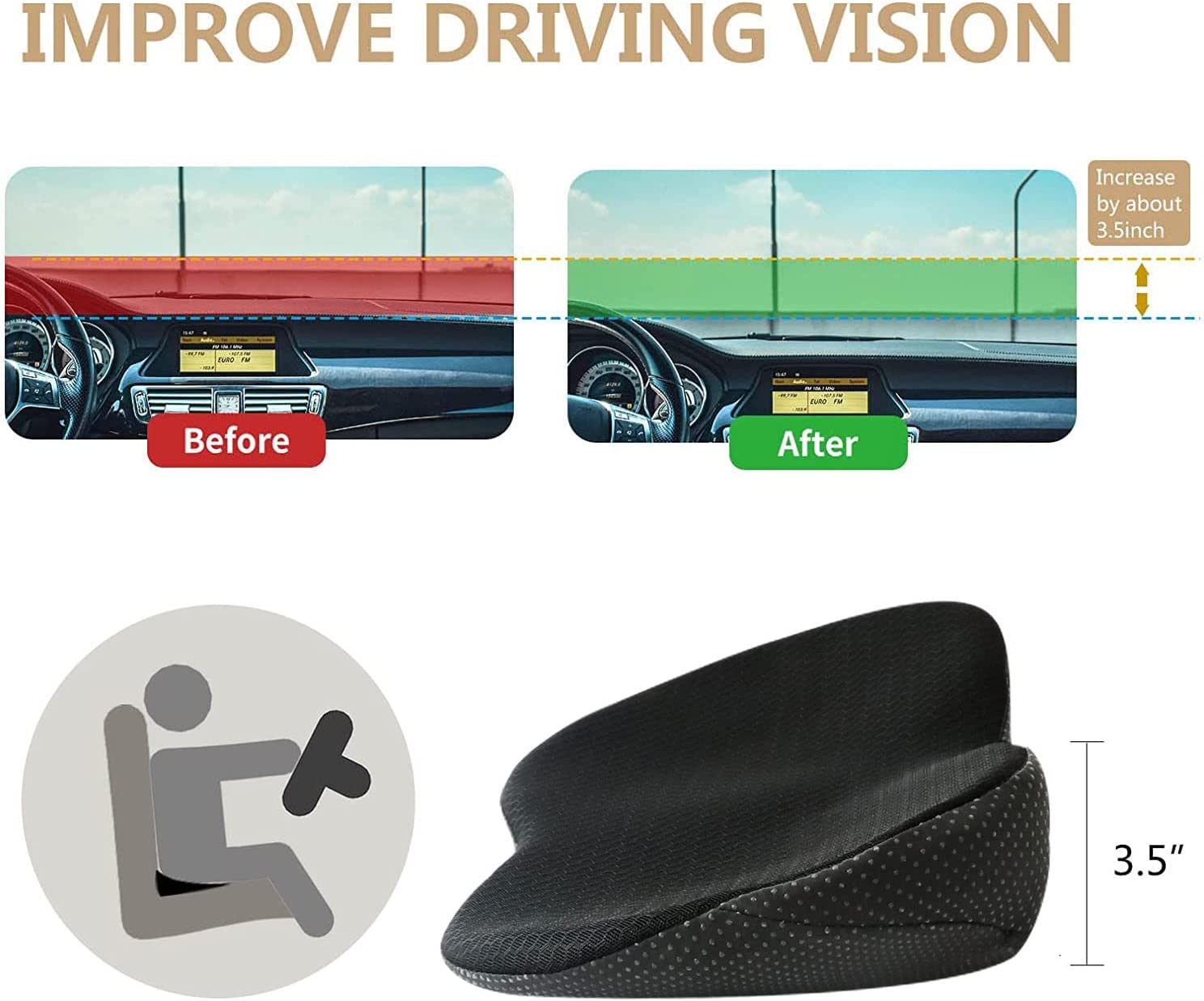 Memory Foam Driver Booster Seat Pad 3.5 Inch Elevation Cushion for Shorter Drivers Enhanced Visibility Lumbar Support Black Beige Brown Red | Thomler
