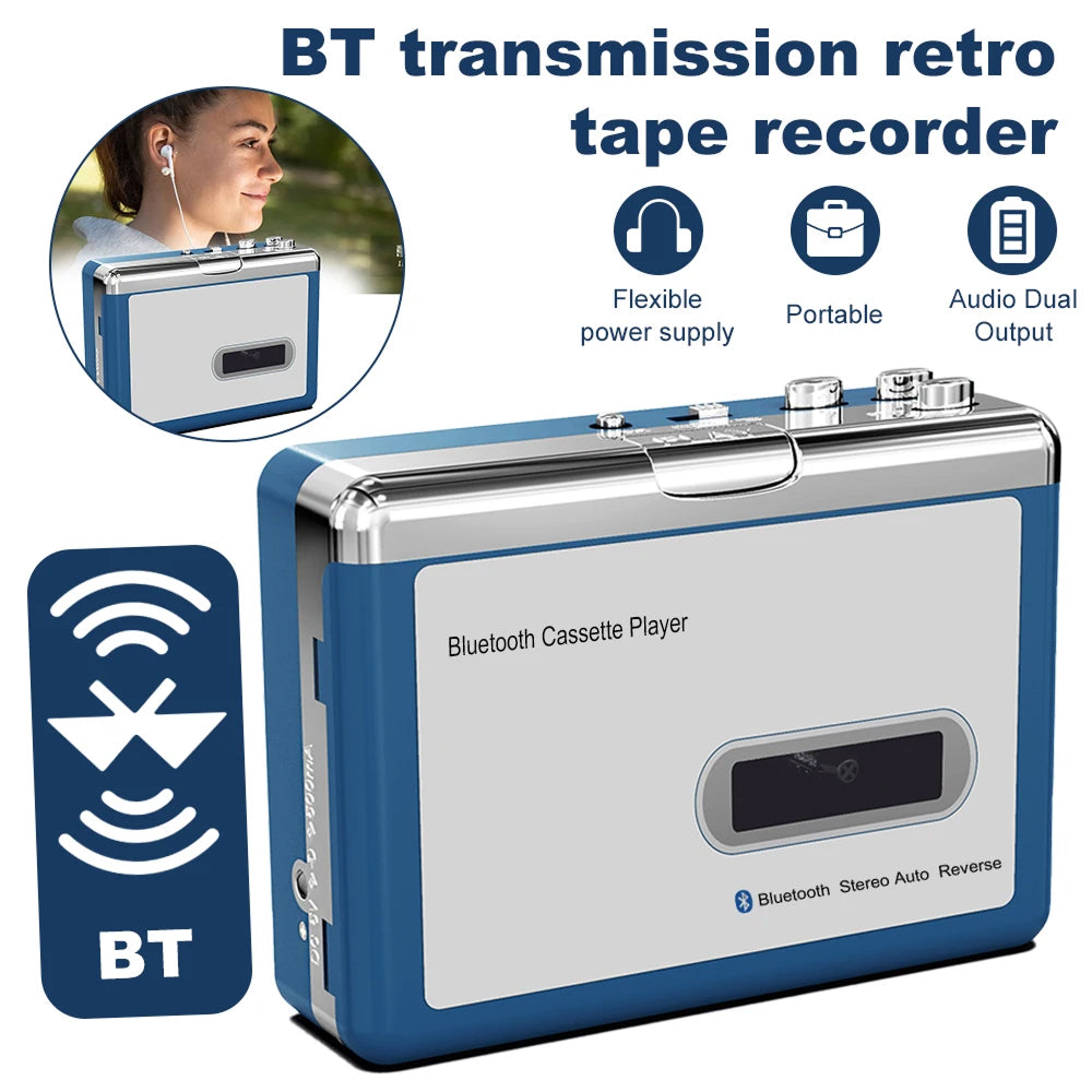 Portable Cassette Player with Bluetooth – Auto-Reverse Tape Deck with Wireless & Wired Playback for Retro Music Lovers | Thomler