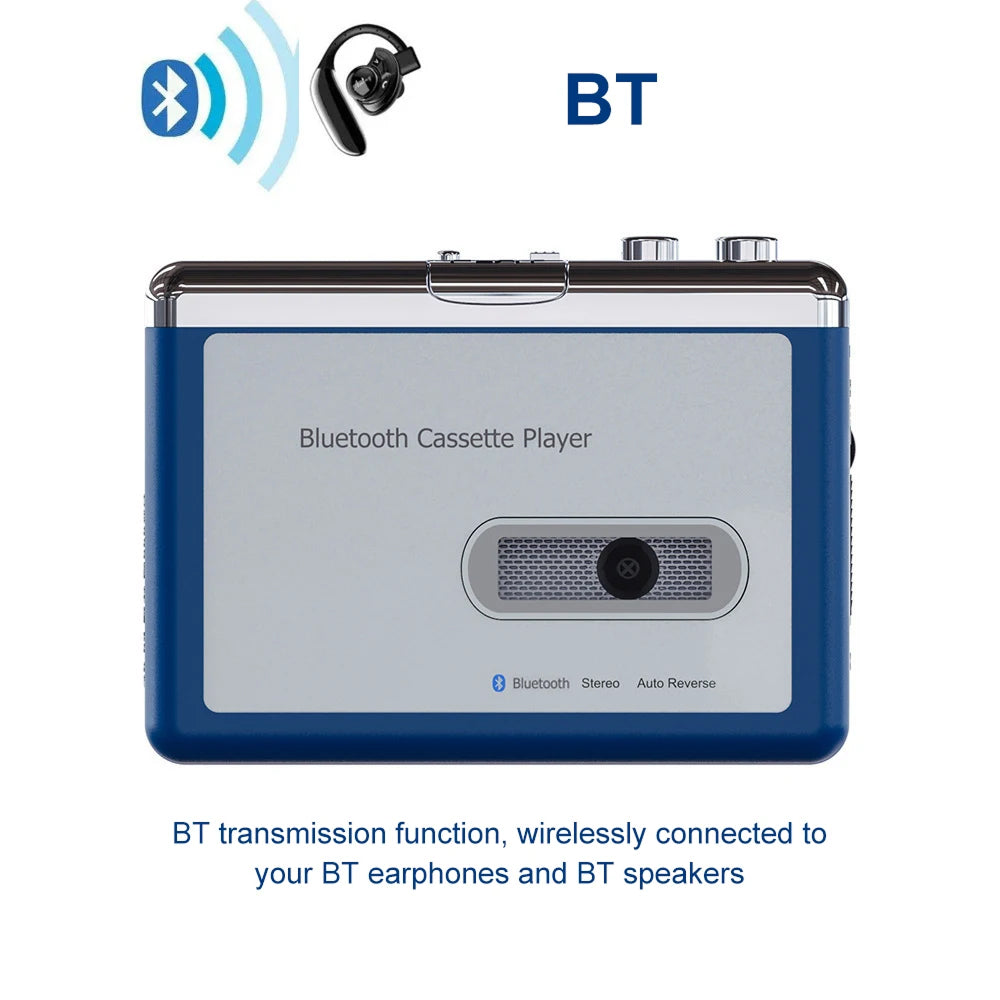 Portable Cassette Player with Bluetooth – Auto-Reverse Tape Deck with Wireless & Wired Playback for Retro Music Lovers | Thomler