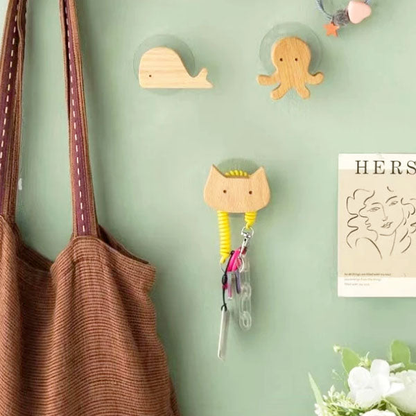 Wall Hooks Wooden Animal Self Adhesive Natural Kids Bedroom Nursery Coat Bag Holders Scandinavian Decor | Thomler