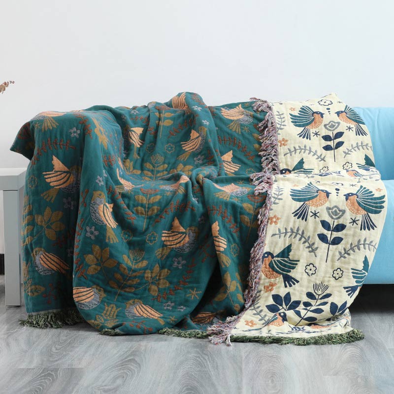 Reversible Cotton Throw Blanket with Woven Bird & Floral Pattern, Tasseled Edge for Couch, Sofa, Bed – Double-Sided Bohemian Home Accent | Thomler