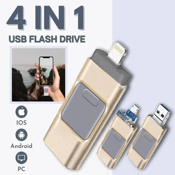 Multi-Device Flash Drive with 4 Connector Types – USB-A, USB-C, Micro-USB & Lightning Port for iPhone, Android & Computer File Transfer | Thomler