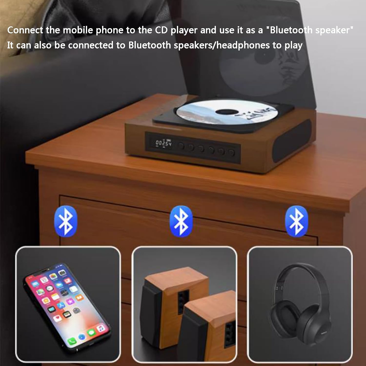 CD Player Wood Finish Bluetooth Streaming FM Radio Home Audio Music System LCD Display Type C Connectivity | Thomler