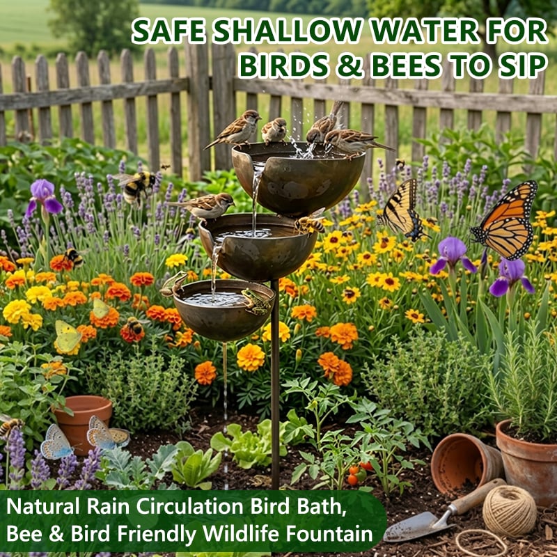 Tiered Metal Rain-Fed Bird Bath for Garden – Self-Filling Water Feature with Cascading Bowls | Thomler
