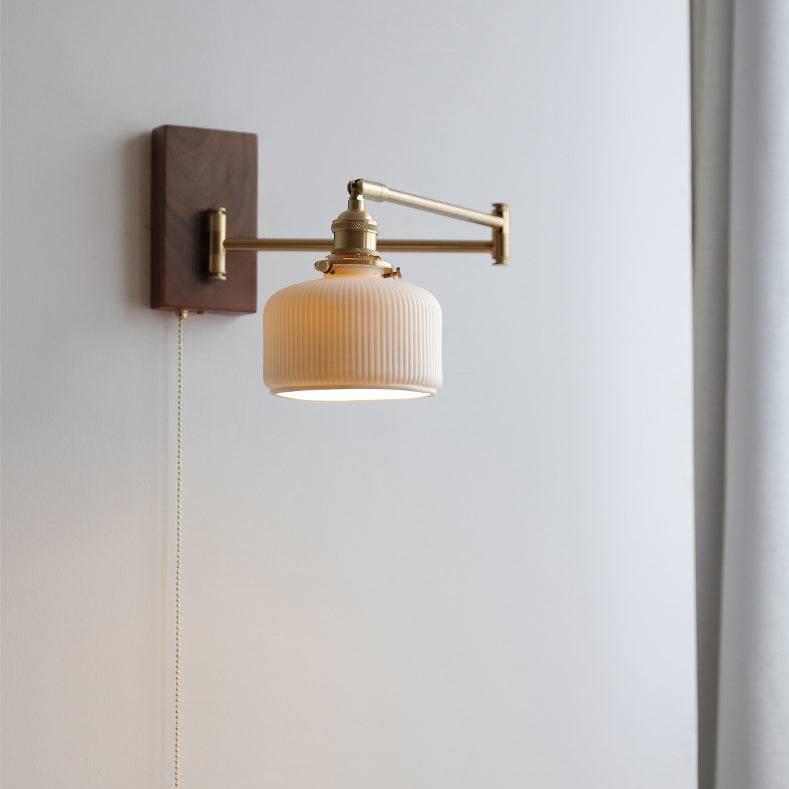 Ribbed Ceramic Sconce with Swing Arm and Wood Base | Thomler