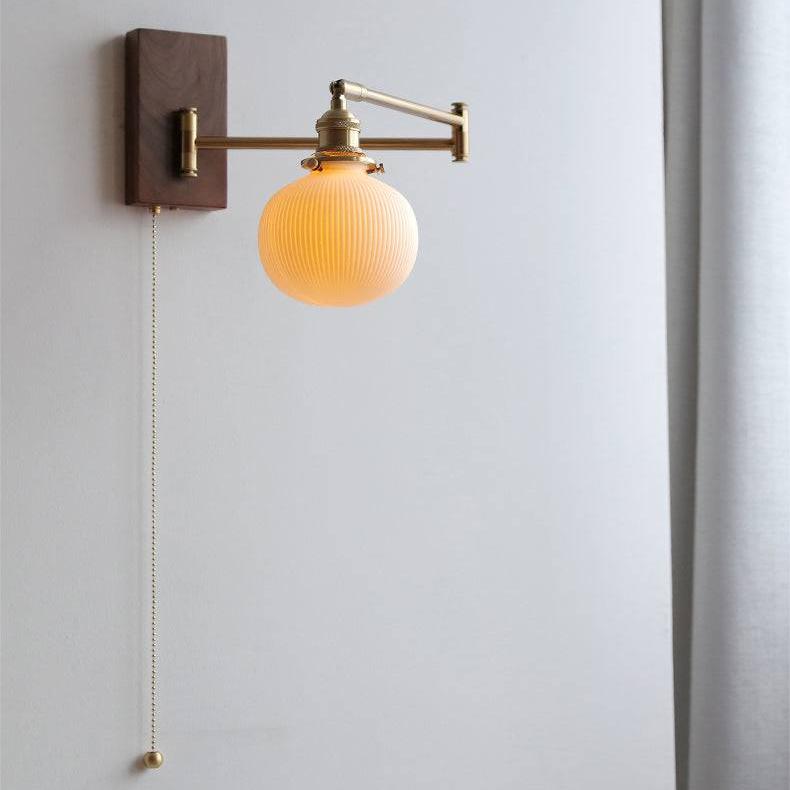 Ribbed Ceramic Sconce with Swing Arm and Wood Base | Thomler