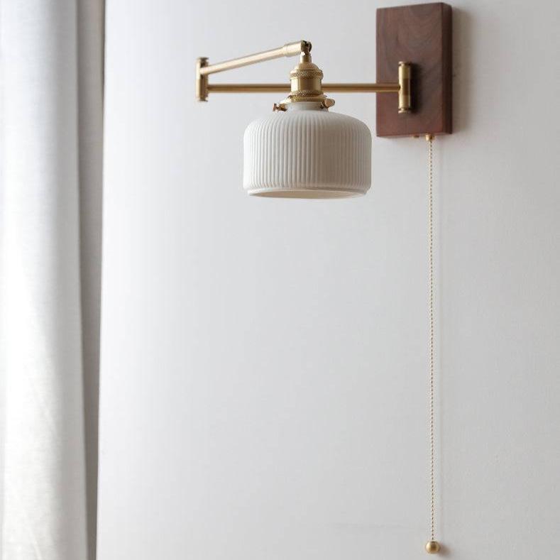 Ribbed Ceramic Sconce with Swing Arm and Wood Base | Thomler