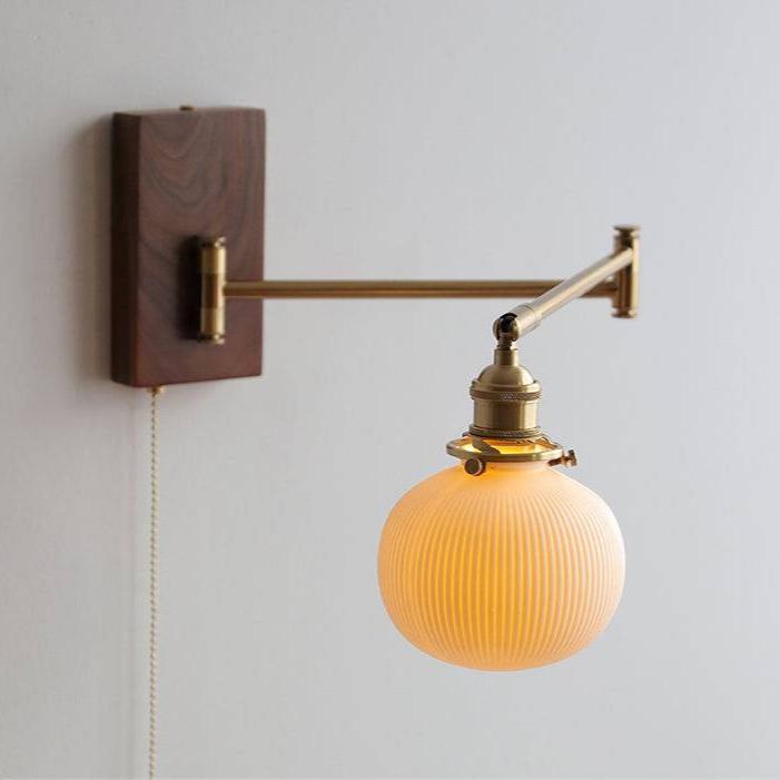 Ribbed Ceramic Sconce with Swing Arm and Wood Base | Thomler