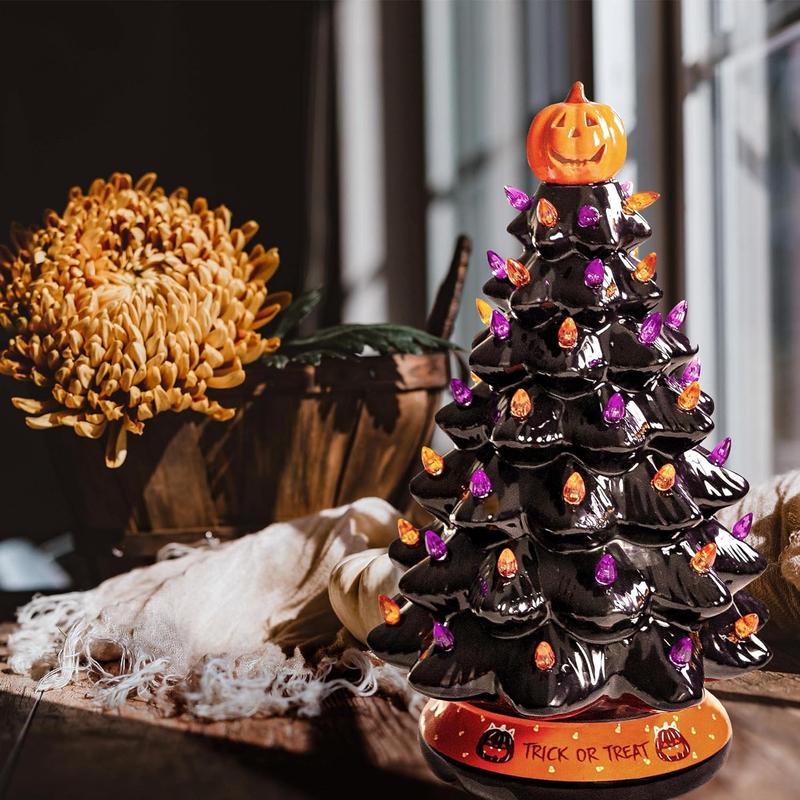 Battery-Powered Ceramic Tree with Purple & Orange Bead Lights – Spooky Holiday Accent for Desktop, Shelf & Mantle | Thomler