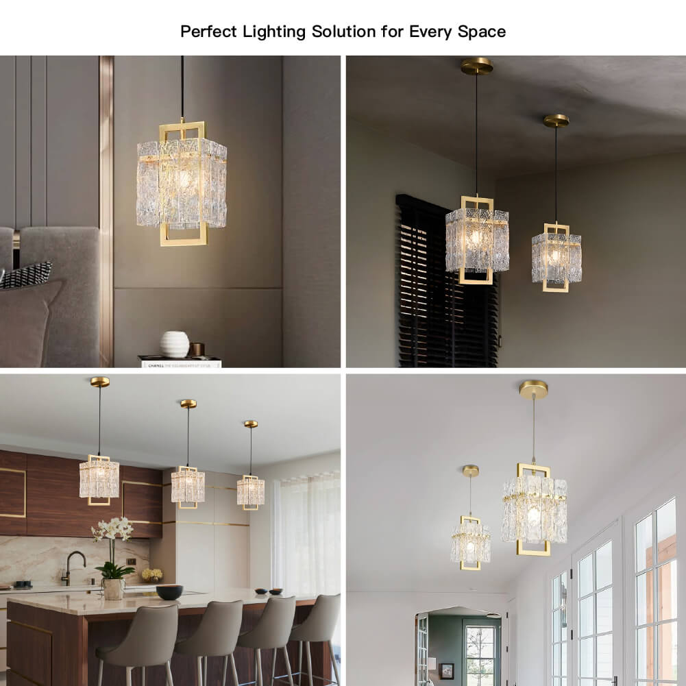 Square Cage Pendant Light Fixture with Textured Glass Shade & Gold Frame for Dining Room, Kitchen Island, Bedroom | Thomler