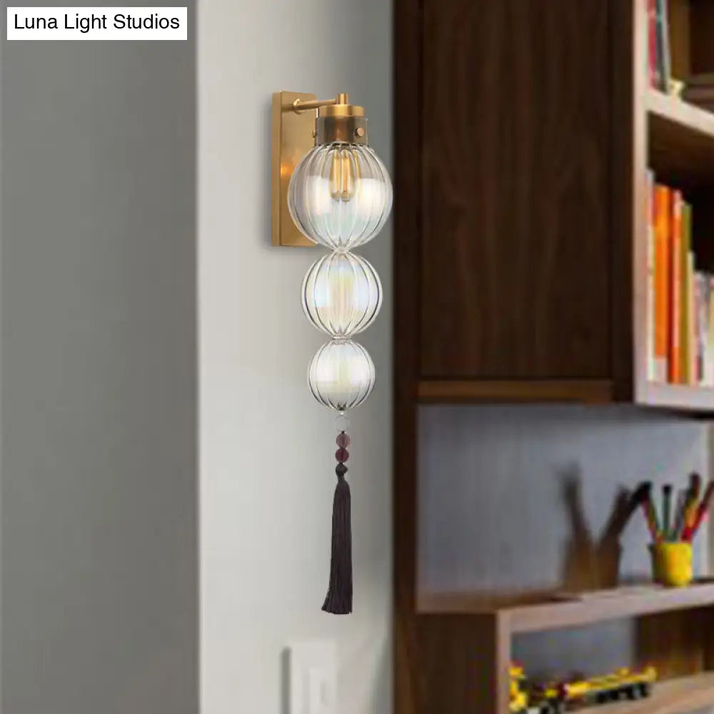 Round Glass Wall Sconce with Decorative Tassel | Asian-Inspired Globe Fixture | Chrome or Brass Finish for Living Room, Hallway, Bedroom | Thomler