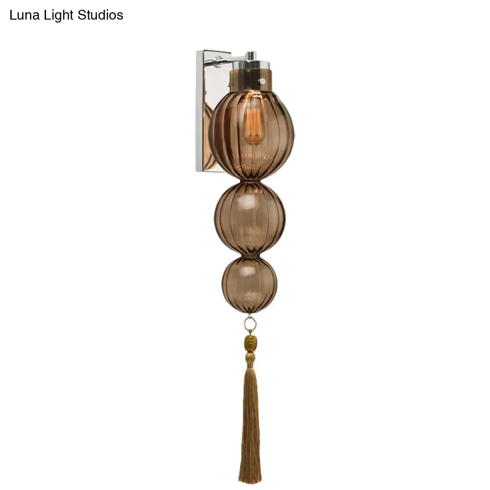 Round Glass Wall Sconce with Decorative Tassel | Asian-Inspired Globe Fixture | Chrome or Brass Finish for Living Room, Hallway, Bedroom | Thomler