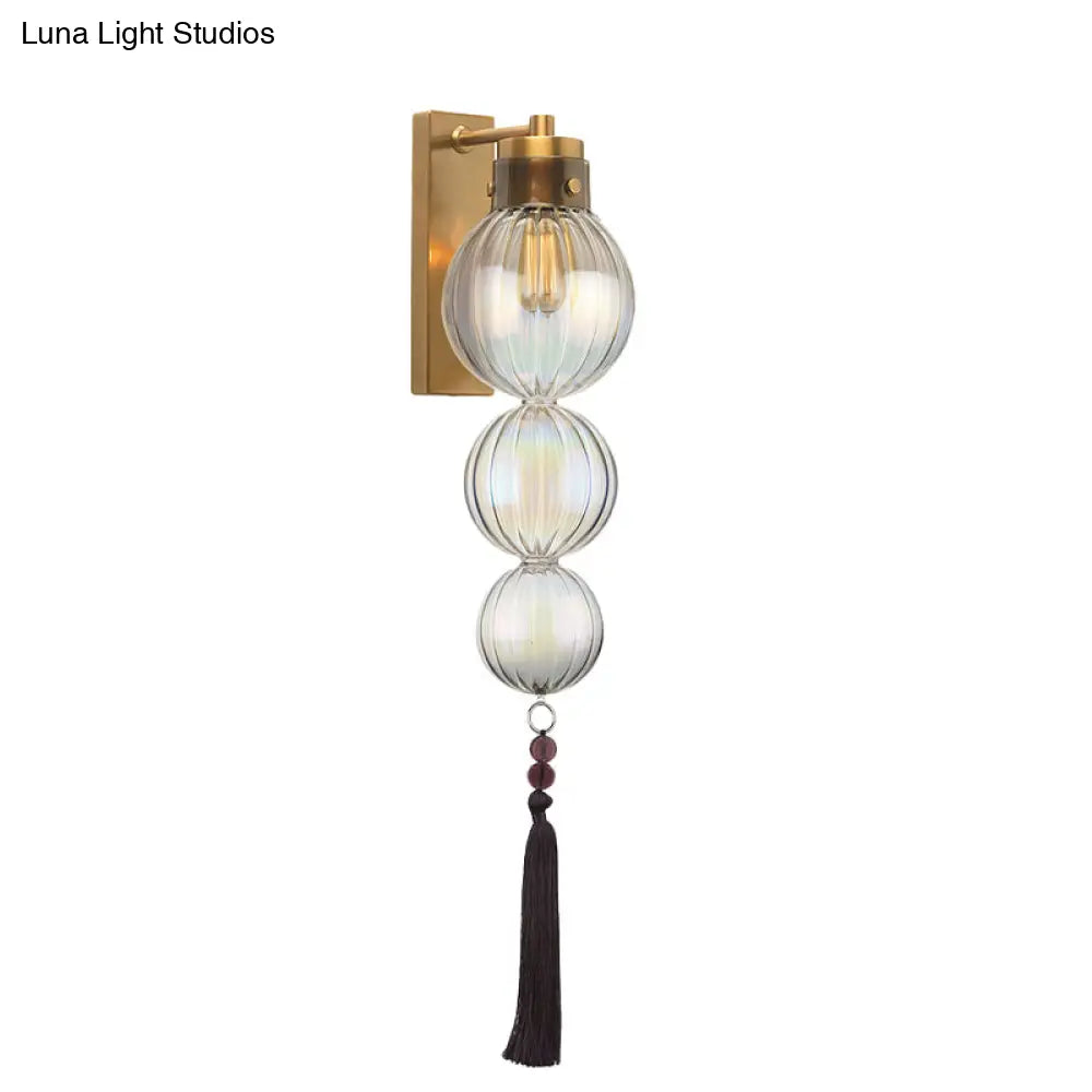 Round Glass Wall Sconce with Decorative Tassel | Asian-Inspired Globe Fixture | Chrome or Brass Finish for Living Room, Hallway, Bedroom | Thomler