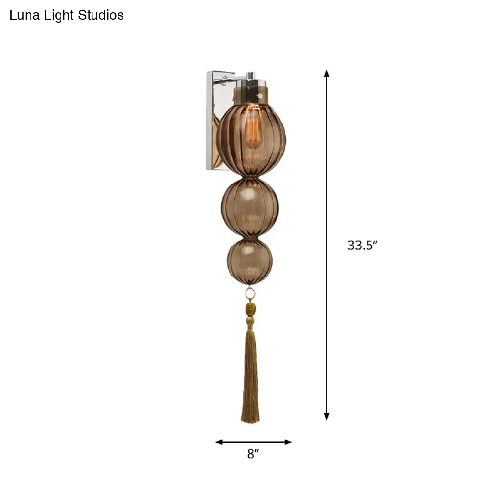 Round Glass Wall Sconce with Decorative Tassel | Asian-Inspired Globe Fixture | Chrome or Brass Finish for Living Room, Hallway, Bedroom | Thomler