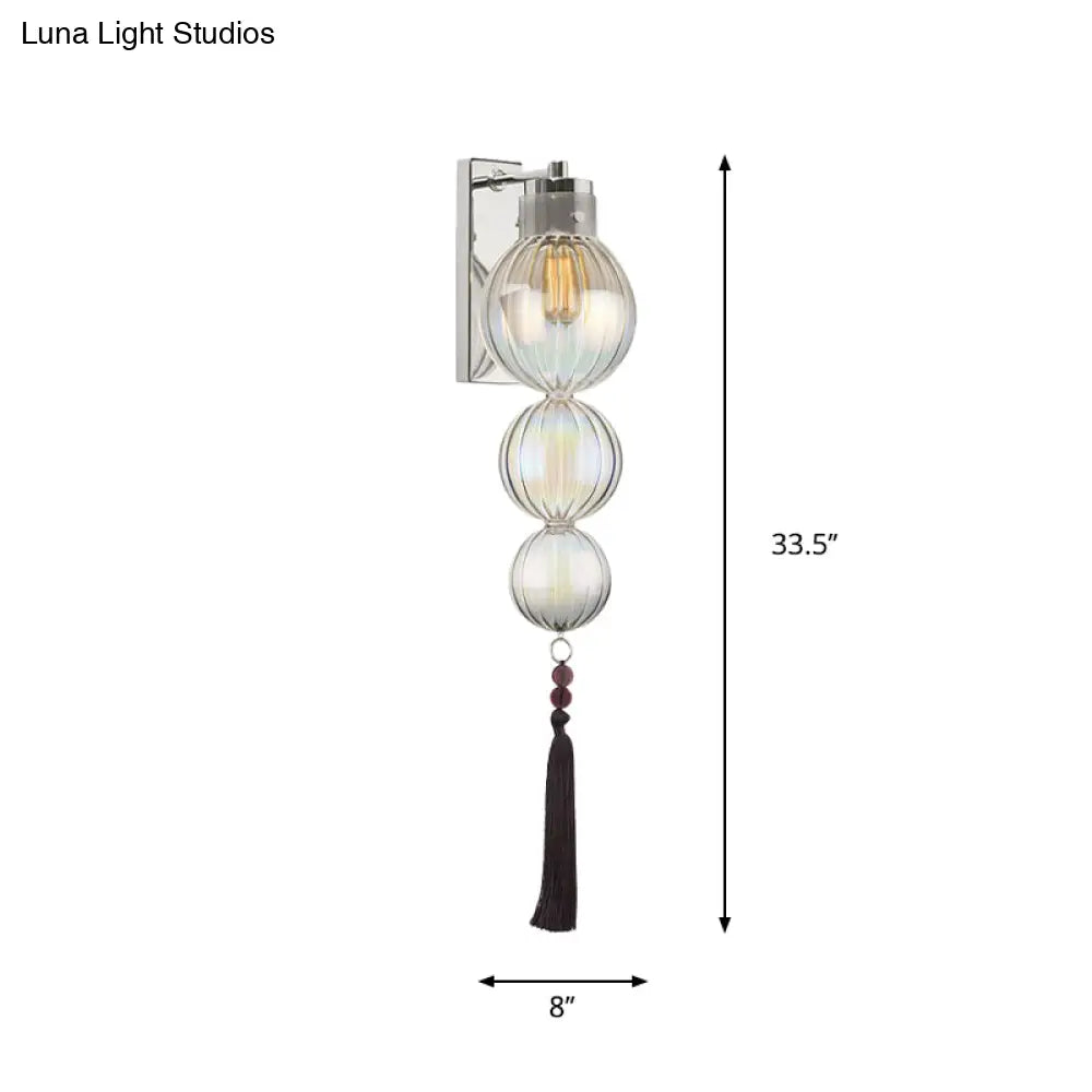 Round Glass Wall Sconce with Decorative Tassel | Asian-Inspired Globe Fixture | Chrome or Brass Finish for Living Room, Hallway, Bedroom | Thomler