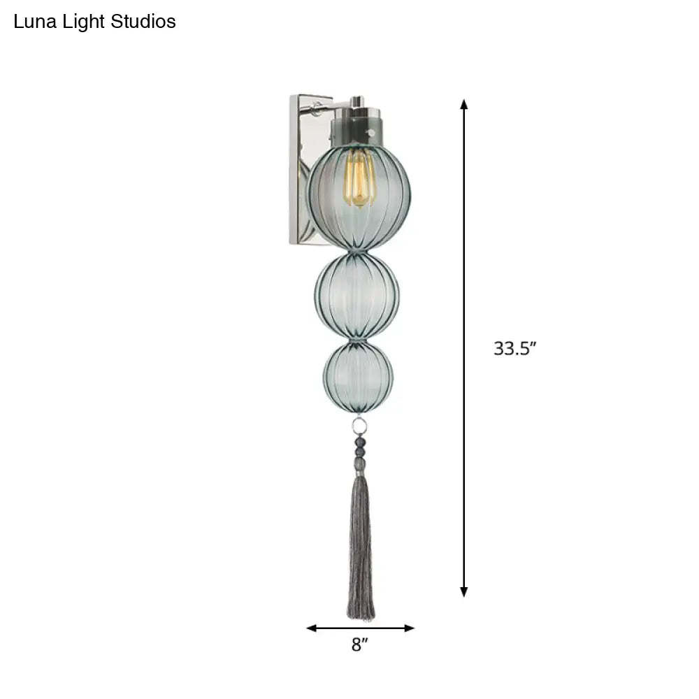 Round Glass Wall Sconce with Decorative Tassel | Asian-Inspired Globe Fixture | Chrome or Brass Finish for Living Room, Hallway, Bedroom | Thomler